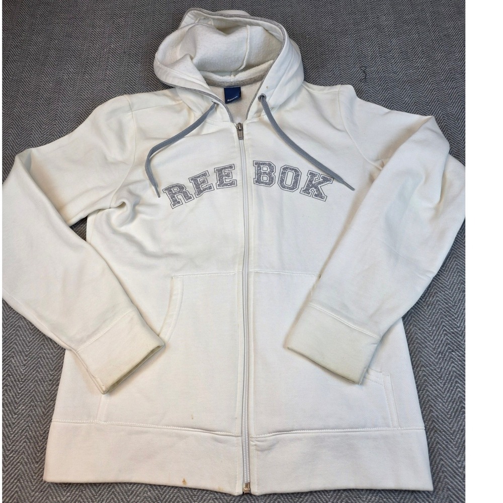 Reebok Womens Full Zip Hoodie White Silver Glitter Logo Fleece Sweatshirt